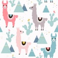 Seamless pattern of llama, cactus and mountains.