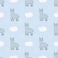 Seamless pattern with llamas alpacas and clouds. Vector illustration.