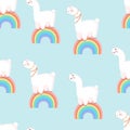 Seamless Pattern With Llamas On The Rainbow. Vector Illustration For Baby Texture, Textile, Fabric, Poster, Greeting
