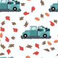 Seamless pattern with loaded fall teal truck and autumn leaves