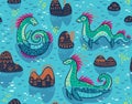 Vector seamless pattern with cute Loch Ness Monsters and decorative hills in the lake. Cartoon blue surface background