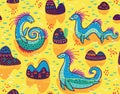 Vector seamless pattern with cute Loch Ness Monsters and decorative hills in the lake. Cartoon yellow surface background