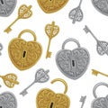 Seamless pattern from locks and keys  gold and silver. Vector illustration. Royalty Free Stock Photo