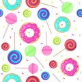 Seamless pattern with lollipops, candy and donuts. Summer background for banners and fabric