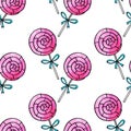 Seamless pattern with lollipops. Cute pink watercolor hand drawn sweets on holidays backgrounds and textures. For Valentines Day,