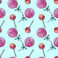 Seamless pattern with lollipops. Cute pink watercolor hand drawn sweets on holidays backgrounds and textures. For Valentines Day,