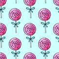 Seamless pattern with lollipops. Cute pink watercolor hand drawn sweets on holidays backgrounds and textures. For Valentines Day,