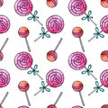 Seamless pattern with lollipops. Cute pink watercolor hand drawn sweets on holidays backgrounds and textures. For Valentines Day,