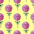 Seamless pattern with lollipops. Cute pink watercolor hand drawn sweets on holidays backgrounds and textures