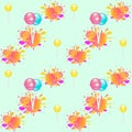 Seamless pattern with lollipops, multicolored caramel and bright splashes on a mint background - full color vector illustration.