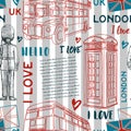 Seamless pattern with London landmark symbols on striped background. Royalty Free Stock Photo