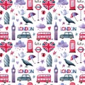 Seamless pattern with London symbols: Big Ben, Mary Axe tower, raven, red bus