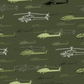 Seamless pattern. A lot of Military helicopters. Backdrop with combat vehicle