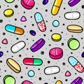 Seamless pattern with lot of pills and capsules. Medicine or dietary supplements. Healthy lifestyle. Alcohol markers Royalty Free Stock Photo