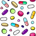 Seamless pattern with lot of pills and capsules. Medicine or dietary supplements. Healthy lifestyle. Alcohol markers Royalty Free Stock Photo