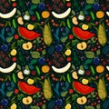 pattern of lots of bright juicy fruits on a dark background