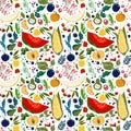 Pattern of lots of bright juicy fruits on a white background