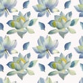 Seamless pattern of Lotus flowers painted in watercolor. Hand drawn on textured paper.
