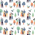 Seamless pattern with love couples with children outdoors. People together walking in park. Texture background with cute family