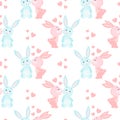 Seamless pattern love, cute pink bunny kisses a blue bunny and hearts. Children\'s print, kids bedroom decor