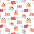 Seamless pattern with love envelopes, letters, hearts, wings. Romantic background. Valentines day mail Royalty Free Stock Photo