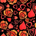 Seamless pattern. love and roses. Bright pattern with red flowers roses and various hearts on a black background. For Royalty Free Stock Photo