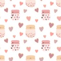 Seamless pattern of love shape hearts cookies, jars of jam on a light background. Vector image for Valentine`s Day, lovers, prints Royalty Free Stock Photo