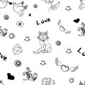 Seamless pattern with love words and lettering. Cute vector love doodles repeat print on white background