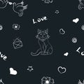 Seamless pattern with love words and lettering. Cute vector love doodles repeat print on black background