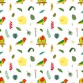 Seamless pattern with lovebird parrots on stick and tropical leaves and flowers.