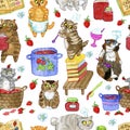 Seamless pattern with lovely bobtail cats cooking jam