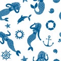 Seamless pattern with lovely cartoon mermaids