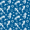 Seamless pattern with lovely cartoon mermaids