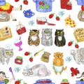 Seamless pattern with lovely cats, jars of jam, cooking kitchenware objects.