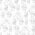 Seamless pattern with lovely cute cheerful piggies. Winter background in hand drawn style