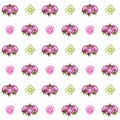 Seamless pattern with lovely delicate peonies and pink and green spiral elements