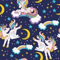 Seamless pattern with lovely unicorns in night sky