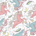 Seamless pattern with lovely unicorns in pastel colors