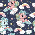 Seamless pattern with lovely unicorns on a rainbow