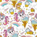 Seamless pattern with lovely unicorns and sweets vector