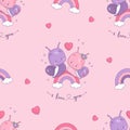 Seamless pattern with loving couple snails on rainbow on pink background with hearts. Funny kawaii insect girl and boy Royalty Free Stock Photo