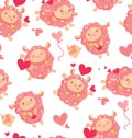 Seamless pattern of loving cute sheep for a Valentines day. Cartoon happy jumping sheep with hearts and love letters and