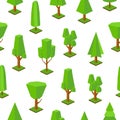 Seamless pattern with low poly trees of various types on white background. Modern backdrop with isometrics forest plants