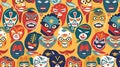 Seamless pattern with Lucha Libre wrestling masks icons set. Vector illustration in flat style. of different ethnicities. Royalty Free Stock Photo