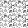 Seamless pattern of luggage bags, hand-drawn in sketch style. Vector illustration. Large suitcase, small bag, backpack