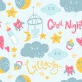Seamless pattern with lullaby good night elements, moon, clouds, star, baby bottle and toys. Royalty Free Stock Photo