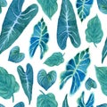 Seamless pattern with lush greenery of tropical plants. Hand painted background with bright watercolor elements Royalty Free Stock Photo