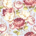 Seamless pattern with lush roses. Hand draw watercolor illustration.