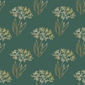 Seamless pattern. Luxurious gold and a twig on a green background. Floral pattern, golden leaf and umbrella plants Royalty Free Stock Photo