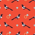 Seamless pattern with luxury golden rings and magpies.